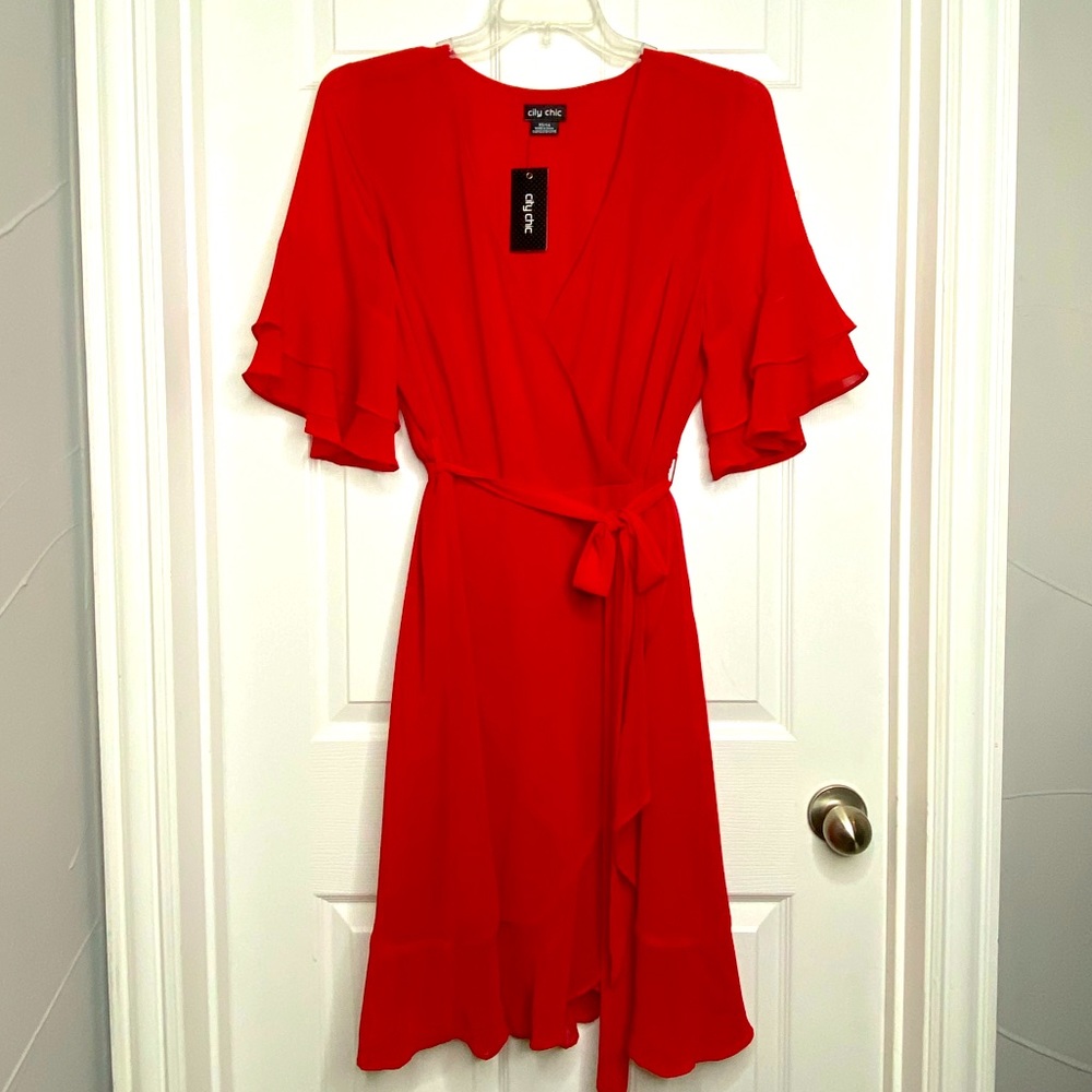 City Chic Red Flutter Hem & Sleeve wrap dress XS/14 NWT